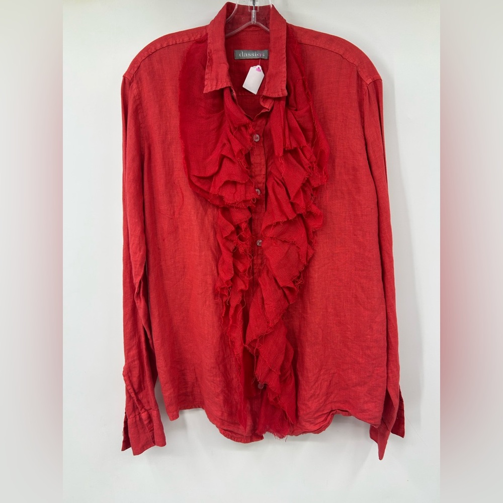 Dassios Women’s Top Greek Luxury Linen Red Button Front Ruffle Tuxedo Shirt L